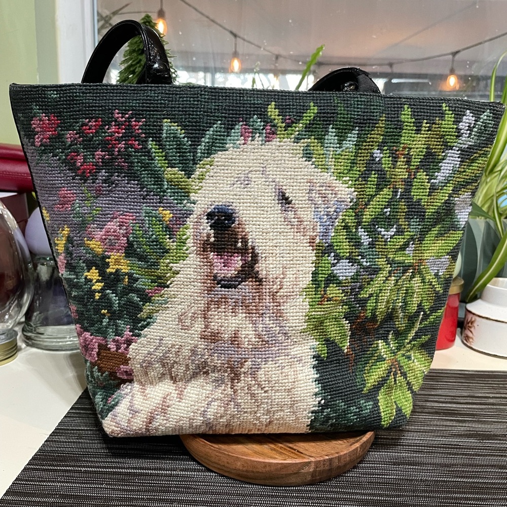 Kompany Wool Dog Tapestry Tote Bag | Floral Needlepoint